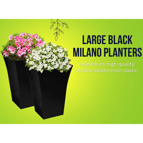AAMEN Black Large Square Milano Tall Planter 2 Pack, Plastic Plant Pot 2