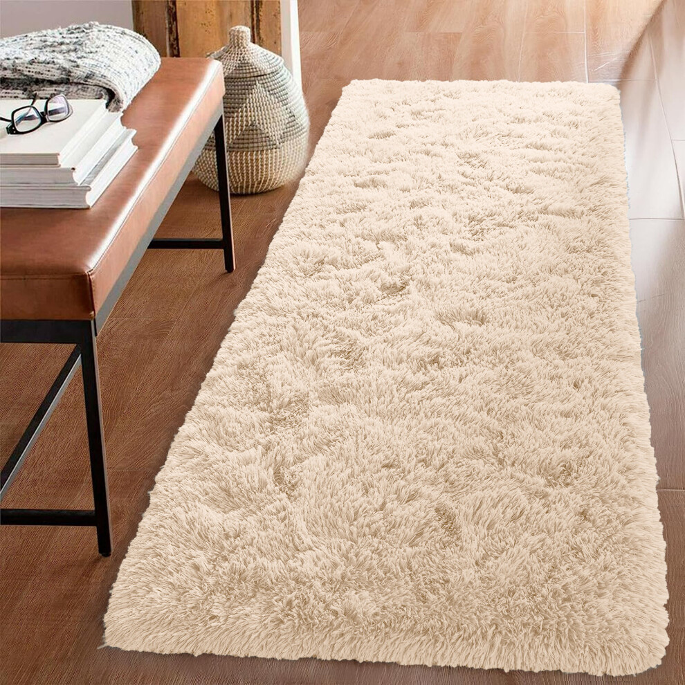 Imperial Rooms (Beige Runner Rug) Fluffy Shaggy Rug Runner Living Room Kitchen Soft Pile Carpet Gold