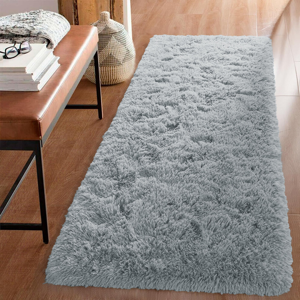 (Grey Runner Rug) Fluffy Shaggy Rug Runner Living Room Kitchen Soft Pile Carpet