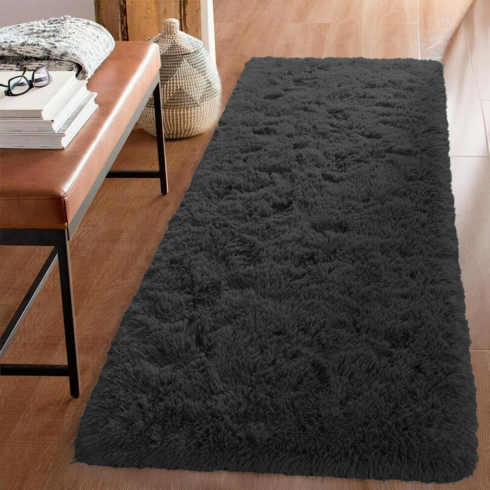 (Black Runner Rug) Fluffy Shaggy Rug Runner Living Room Kitchen Soft Pile Carpet