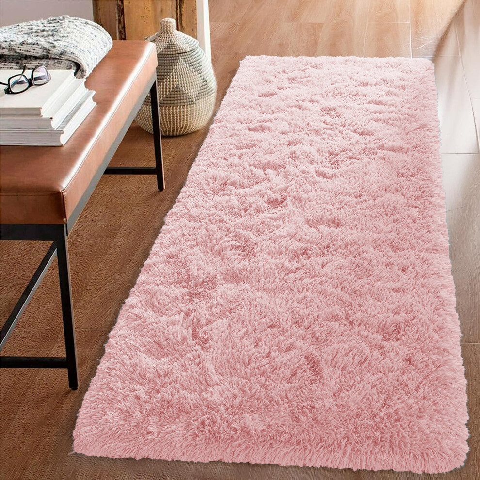 (Pink Runner Rug) Fluffy Shaggy Rug Runner Living Room Kitchen Soft Pile Carpet