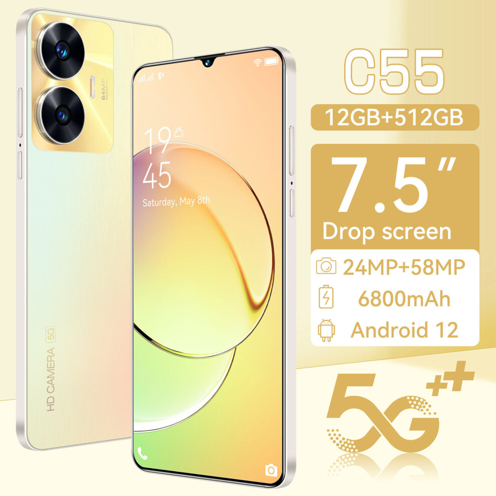 (gold, 12GB+512GB) 2023 new model C55 7.5 inch big screen smart phone 