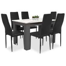 ((140cm Marble+Grey Table & 6 Black Chairs)) Wooden Dining Table and Chairs 4/6 Set Pu Leather Seat Dining Kitchen Room Furniture