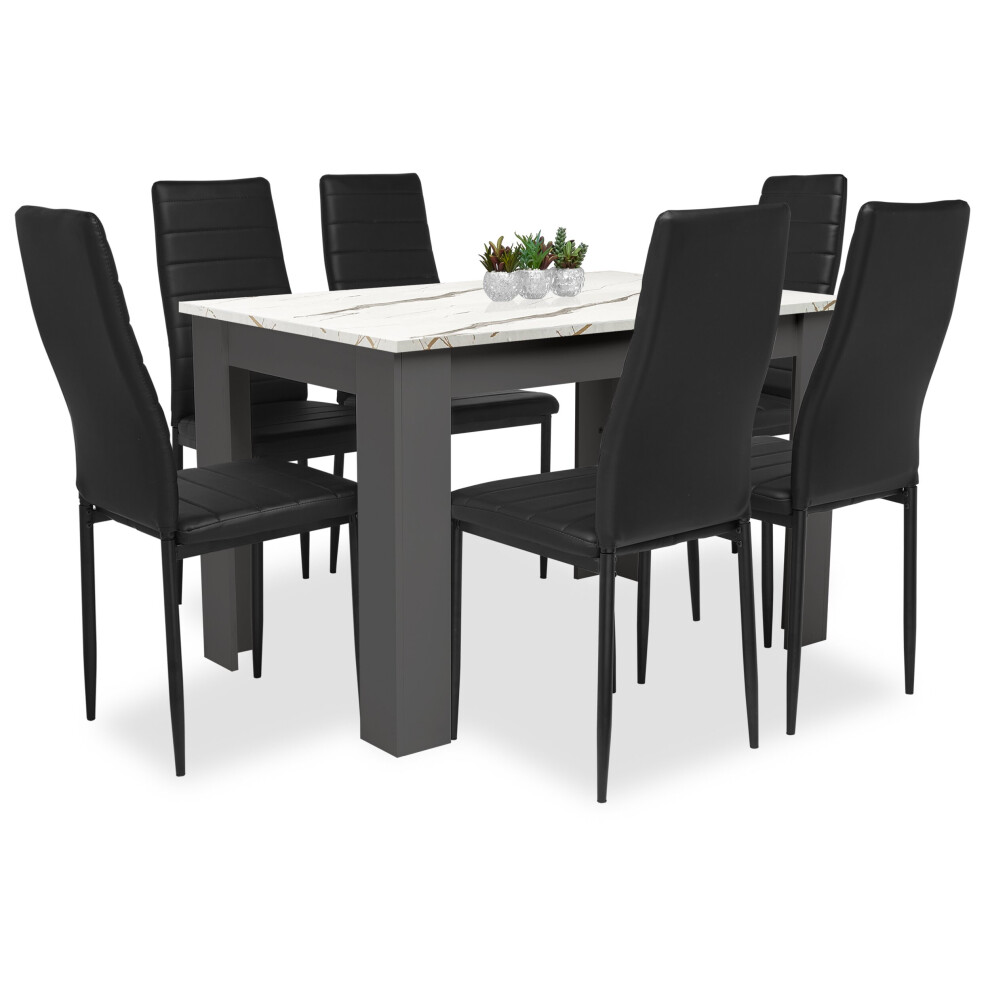 ((140cm Marble+Grey Table & 6 Black Chairs)) Wooden Dining Table and Chairs 4/6 Set Pu Leather Seat Dining Kitchen Room Furniture
