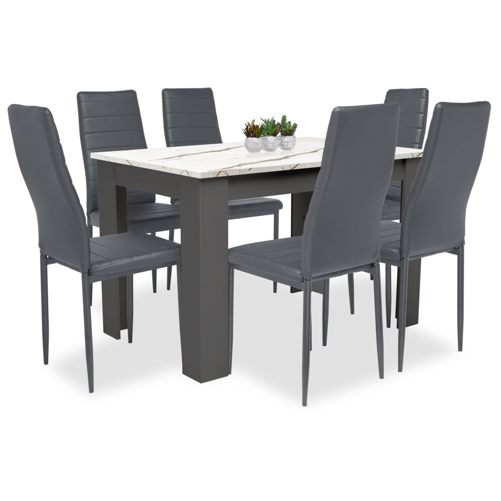((140cm Marble+Grey Table & 6 Grey Chairs)) Wooden Dining Table and Chairs 4/6 Set Pu Leather Seat Dining Kitchen Room Furniture