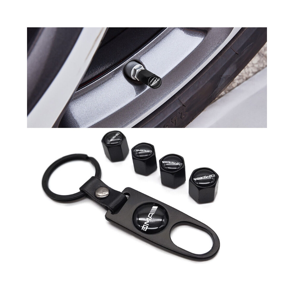For Amg 4Pcs Car Tyre Air Dust Valve Stem Cap With Keychain Black 5601103438513