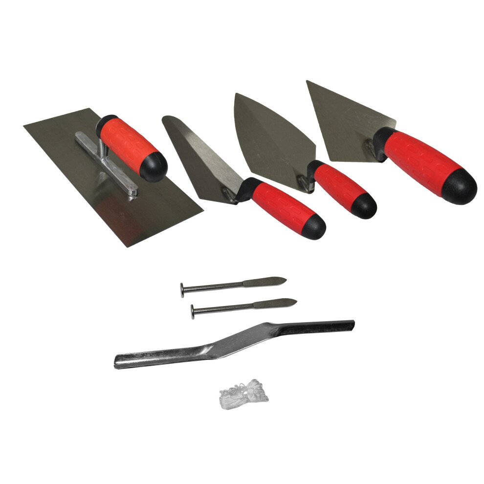 (New 6pcs heat-treated carbon steel blades Trowel Set Hand Brick Plastering Builders Soft Grip Handle with line pins with) New Tradesman Margin Trowel