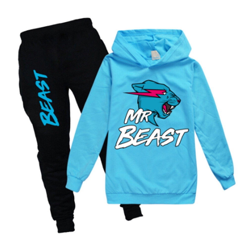 (11-12 Years, Light Blue) Kids Boys Girls Mr Beast Casual Hoodie Hooded Jumper Pullover Tops + Pants Trousers Suit Tracksuit Sets 7-14Y