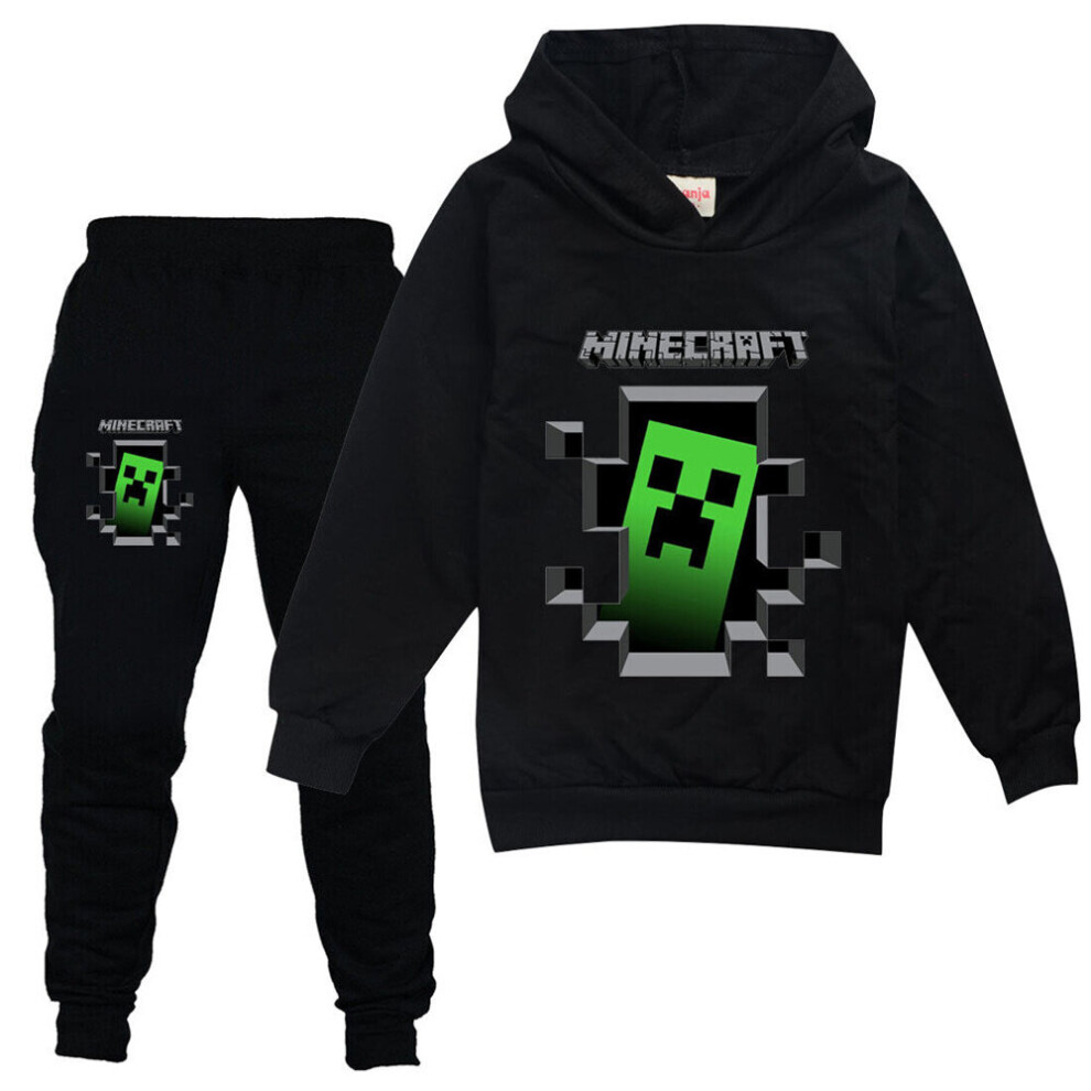 (9-10 Years, Black) Boys Girls Kids Minecraft Hoodies Hooded Pants Outfit Suit Long Sleeve Tracksuits Set Tops+Trousers Sportswear 7-14 Yr