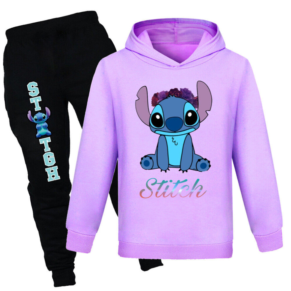 (11-12 Years, Purple) Lilo and Stitch Kids T-shirt Hoodie Hooded Pants Trousers Outfit Suit Boys Girls Tracksuit Set Tops Bottoms Sportswear