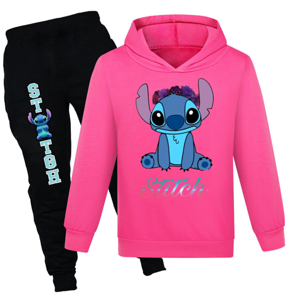 (9-10 Years, Rose Red) Lilo and Stitch Kids T-shirt Hoodie Hooded Pants Trousers Outfit Suit Boys Girls Tracksuit Set Tops Bottoms Sportswear