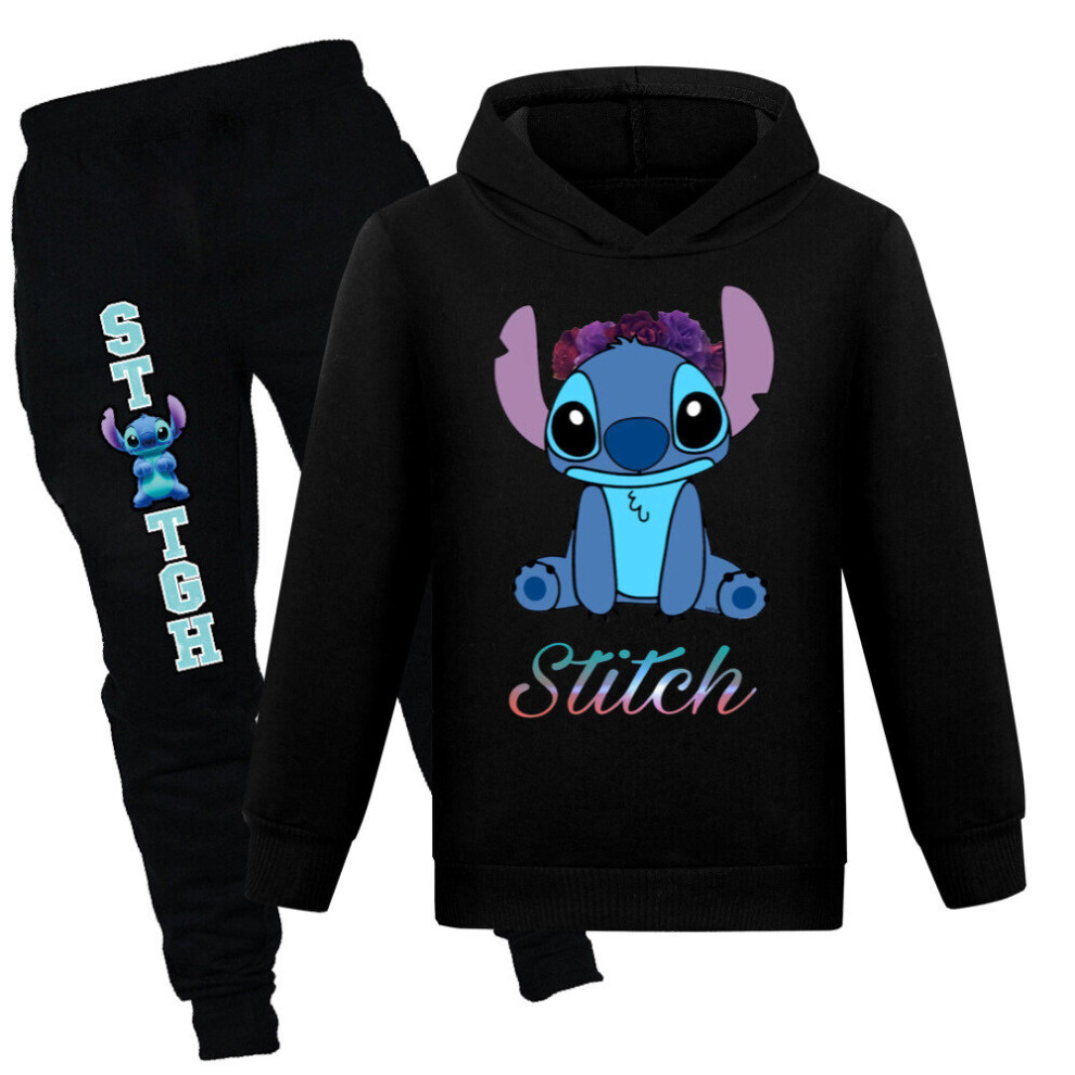 (13-14 Years, Black) Lilo and Stitch Kids T-shirt Hoodie Hooded Pants Trousers Outfit Suit Boys Girls Tracksuit Set Tops Bottoms Sportswear