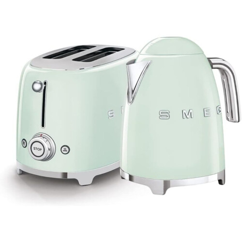 SMEG Jug Kettle & 2 slice Toaster Set Stainless Steel in Pastel Green