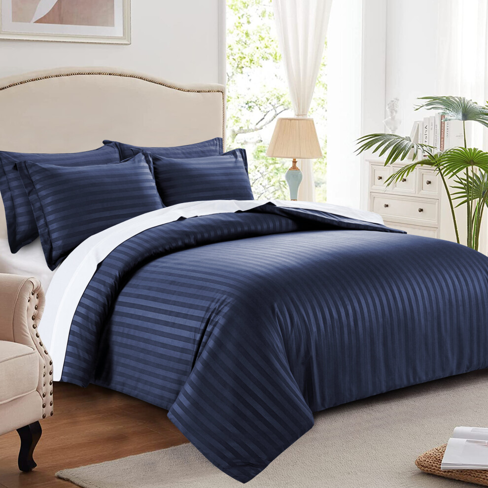 Imperial Rooms (Navy Stripe Duvet Cover) Soft Reversible Single Bedding Set Duvet Cover 3Pc