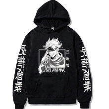(S, Black) Jujutsu Kaisen Cartoon Hoodie Tops Long Sleeve Hooded Pullover Unisex Women Men Oversized Sweatshirt