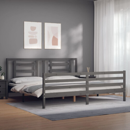 VidaXL (grey, 200 x 200 cm) vidaXL Bed Frame Bed Base Platform Bed with Headboard Small Single Solid Wood 2