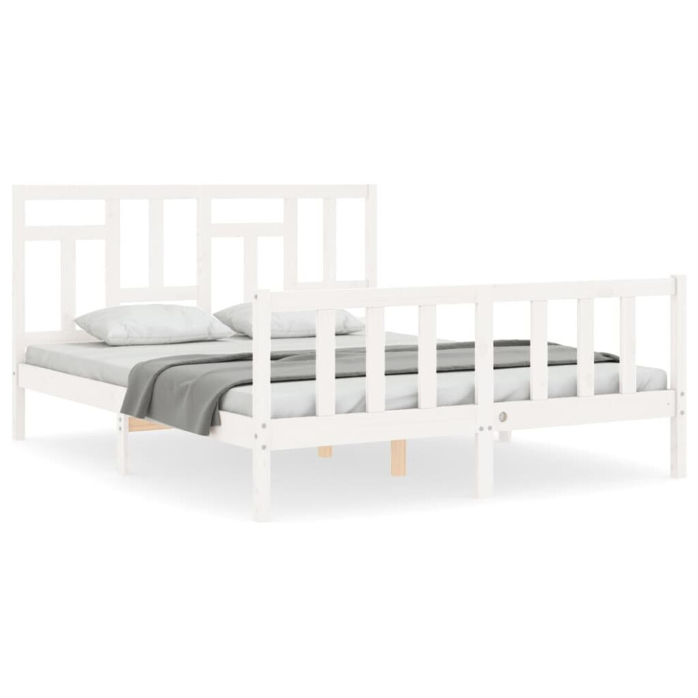 (white, 150 x 200 cm) vidaXL Bed Frame Bed Base Wooden Bed with Headboard Super King Size Solid Wood