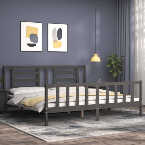 VidaXL (grey, 200 x 200 cm) vidaXL Bed Frame Bed Base Platform Bed with Headboard Grey Single Solid Wood 2