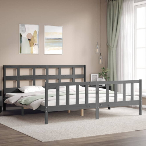 VidaXL (grey, 200 x 200 cm) vidaXL Bed Frame Bed Base Platform Bed with Headboard Grey Single Solid Wood 2