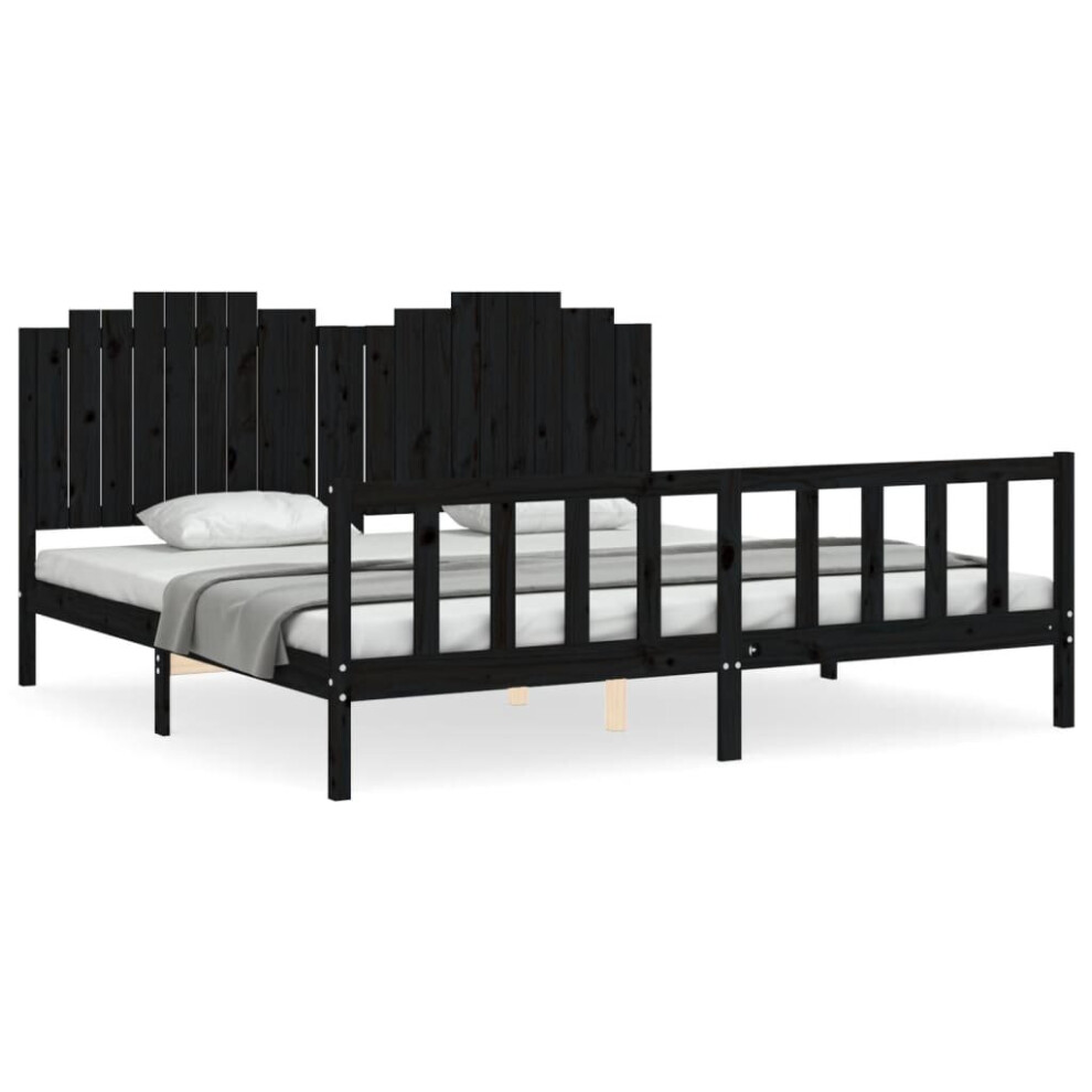 Vidaxl (Black, 200 X 200 Cm) Bed Frame Bed Base Wooden Bed With Headboard Black King Size Solid Wood