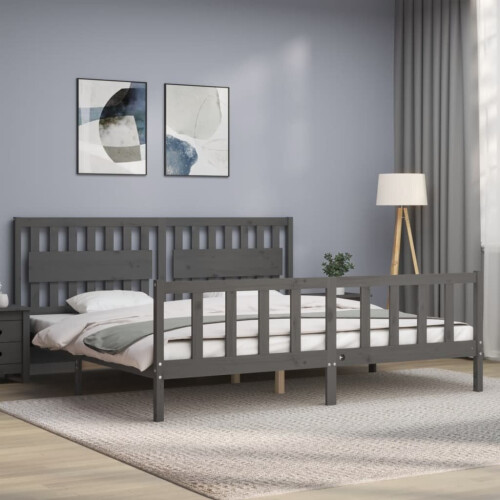 VidaXL (grey, 200 x 200 cm) vidaXL Bed Frame Bed Base Platform Bed with Headboard Grey Single Solid Wood 2