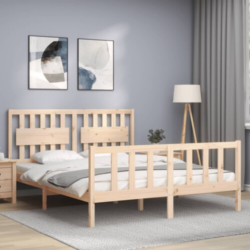 VidaXL (brown, 160 x 200 cm) vidaXL Bed Frame Bed Base Platform Bed with Headboard Grey Single Solid Wood 2