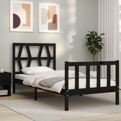 VidaXL (black, 75 x 190 cm) vidaXL Bed Frame Platform Bed with Headboard Black Small Single Solid Wood 2