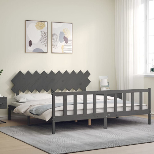 VidaXL (grey, 200 x 200 cm) vidaXL Bed Frame Bed Base Platform Bed with Headboard Small Single Solid Wood 2