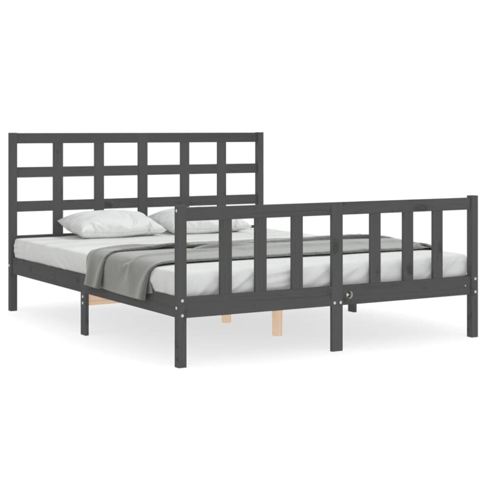 (grey, 150 x 200 cm) vidaXL Bed Frame Bed Base Wooden Bed with Headboard Black King Size Solid Wood