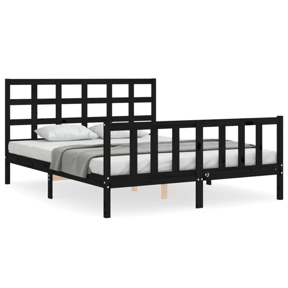 (black, 150 x 200 cm) vidaXL Bed Frame Bed Base Wooden Bed with Headboard Black King Size Solid Wood