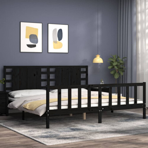 VidaXL (black, 200 x 200 cm) vidaXL Bed Frame Bed Base Platform Bed with Headboard Black Single Solid Wood 2