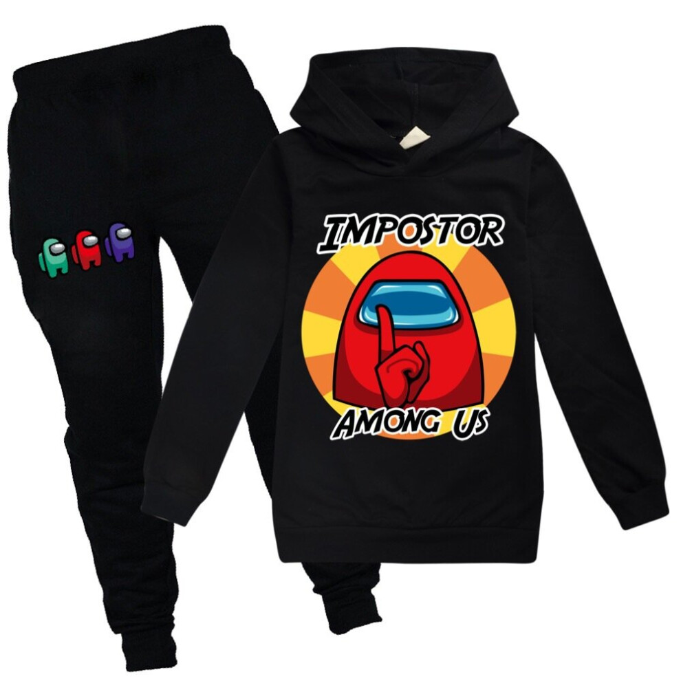 (11-12 Years, Black) Toddler Kids Boys Among Us Cartoon Pattern Activewear Casual Hooded Pullover Sweatshirt Trousers Sport Suit