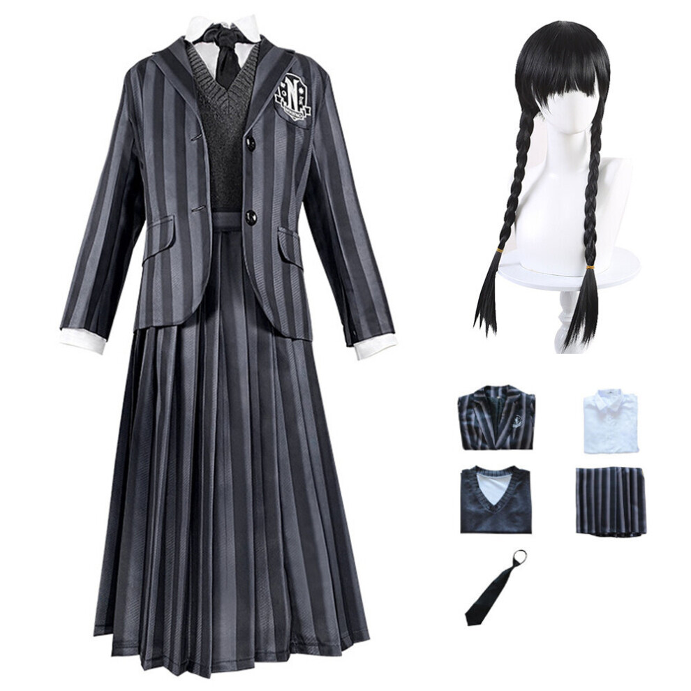(S, Costume Set with Wig) Wednesday The Addams Family Cosplay Costume Nevermore Academy School Uniform Wig Set Halloween Party for Girls