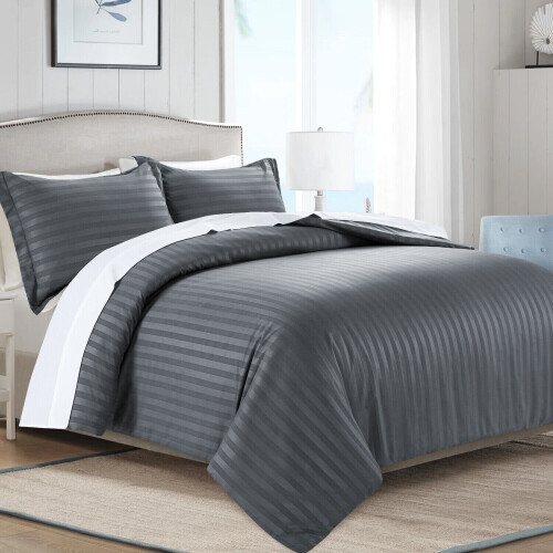 (Super King) Satin Stripe Duvet Cover Charcoal Grey Bedding Set