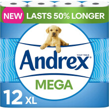 Andrex Classic Clean Mega Toilet Roll - 12 Mega XL Rolls - Same Quality Toilet Roll, Lasts Even Longer, 12 Mega Toilet Rolls = 18 Standard Toilet Roll