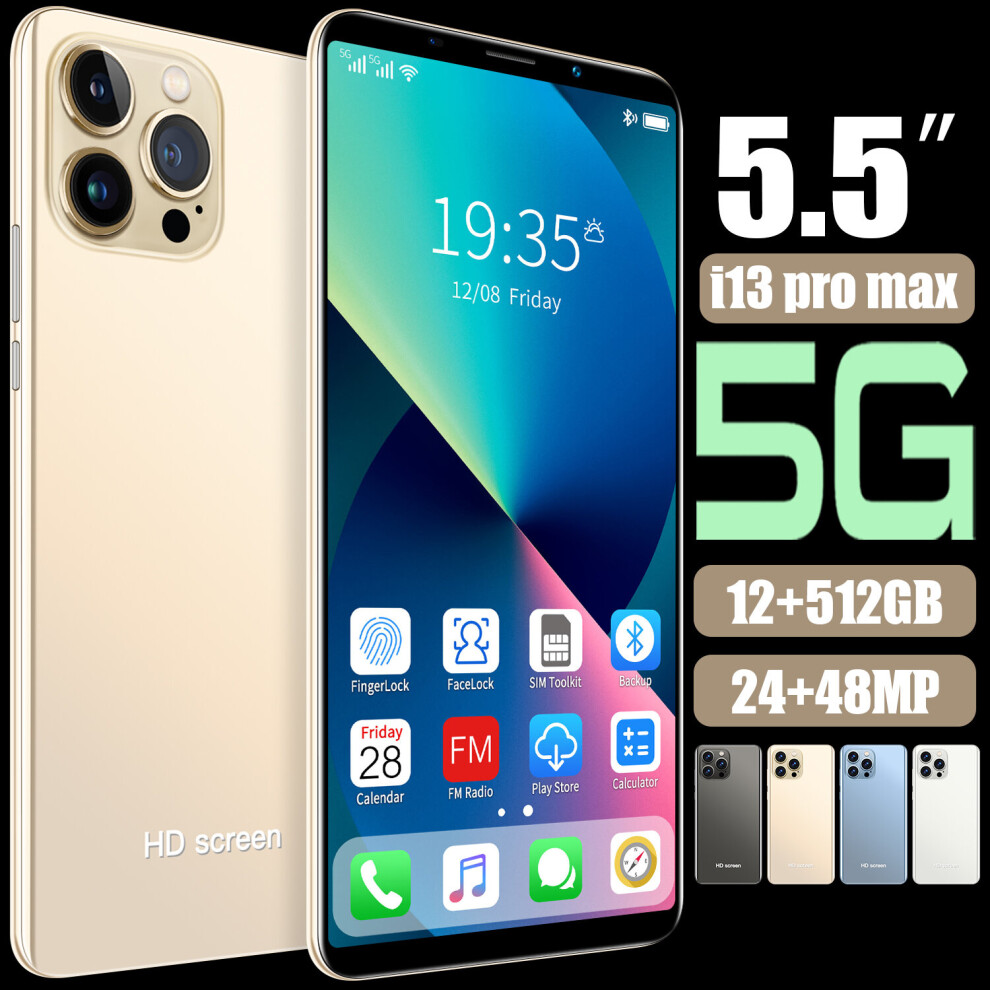 (Gold, 12GB+512GB) The latest model i13 Pro Max Smartphone 