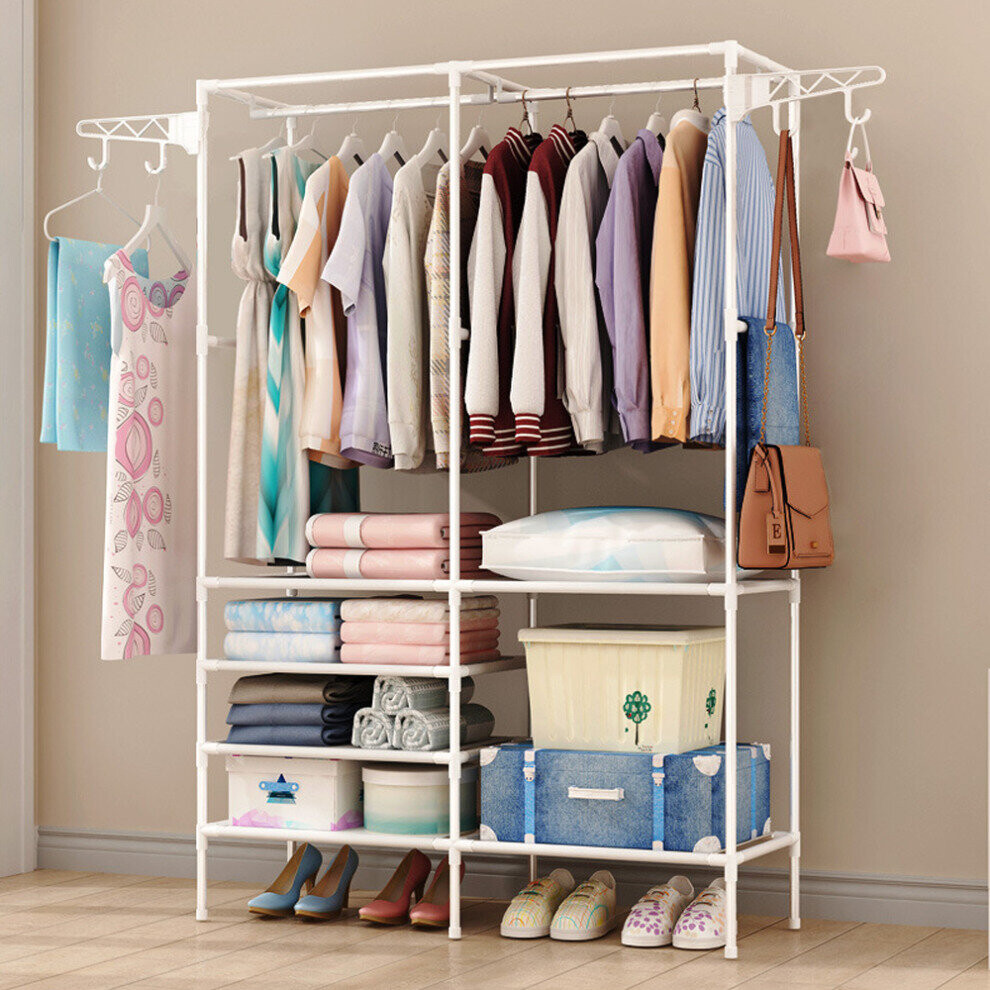 (White     Clothes Rail ) Heavy Duty Double Clothes Rail Hanging Rack Garment Display Stand Storage Shelf+