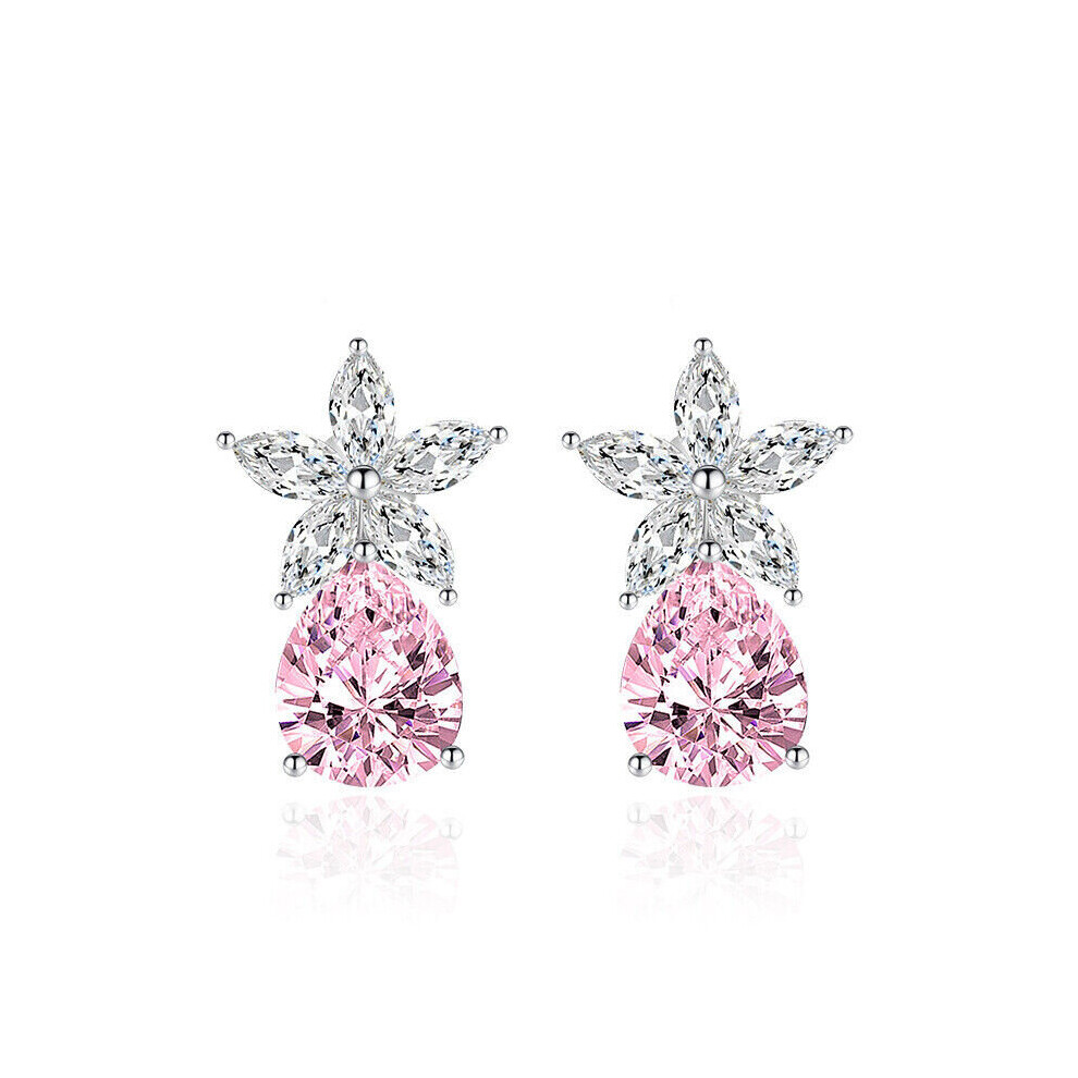 (Pink) Silver Cubic Zirconia Stud Earrings for Women