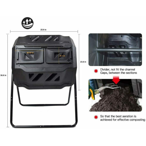 160L Dual Chamber Compost Tumbler Bin Capacity rotatable, 2
