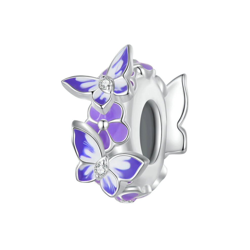 Purple Butterfly Spacer Stopper Charm Bead With Cubic Zirconia Genuine 925 Sterling Silver Compatible With Pandora Bracelets