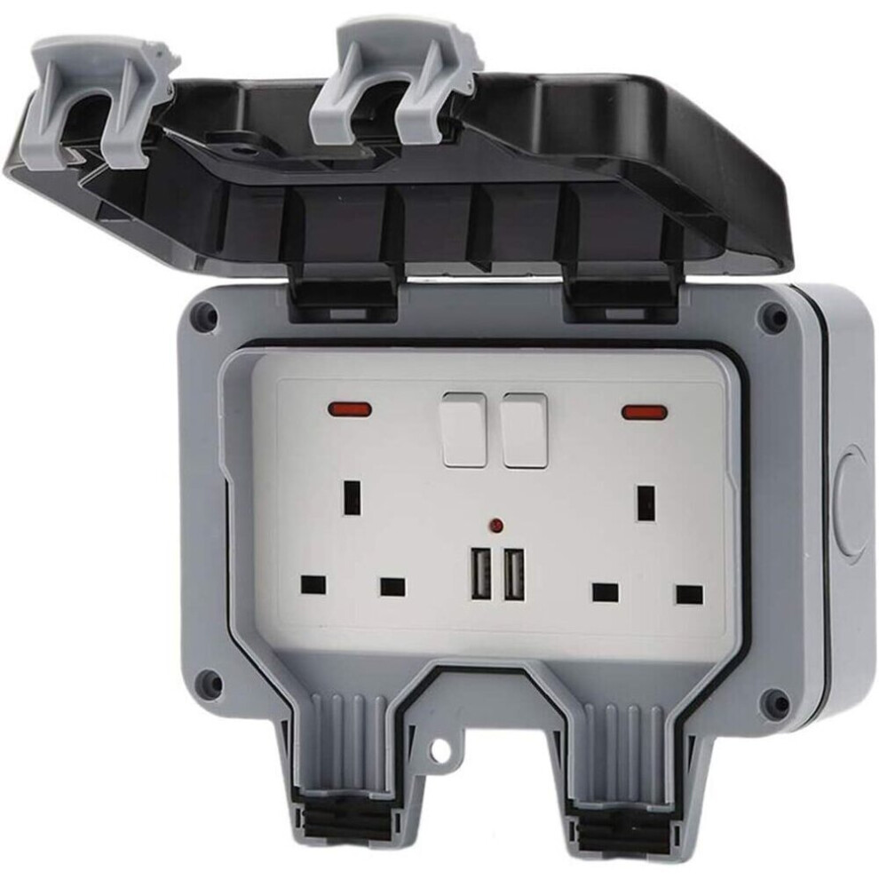 IP66 Weatherproof Outdoor Sockets 13A 2 Gang Plug & USB Charging Port & Cover
