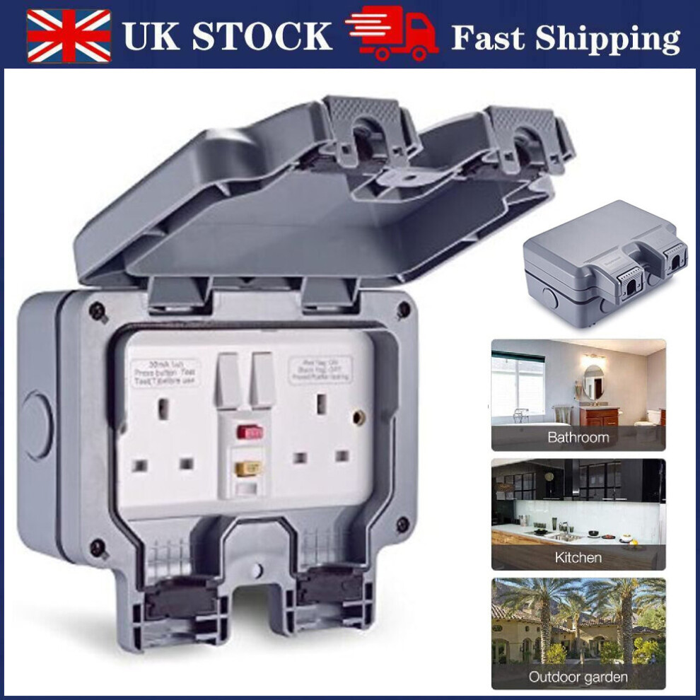 Outdoor Weatherproof Latching RCD Socket Switched 13A 2 Gang IP66