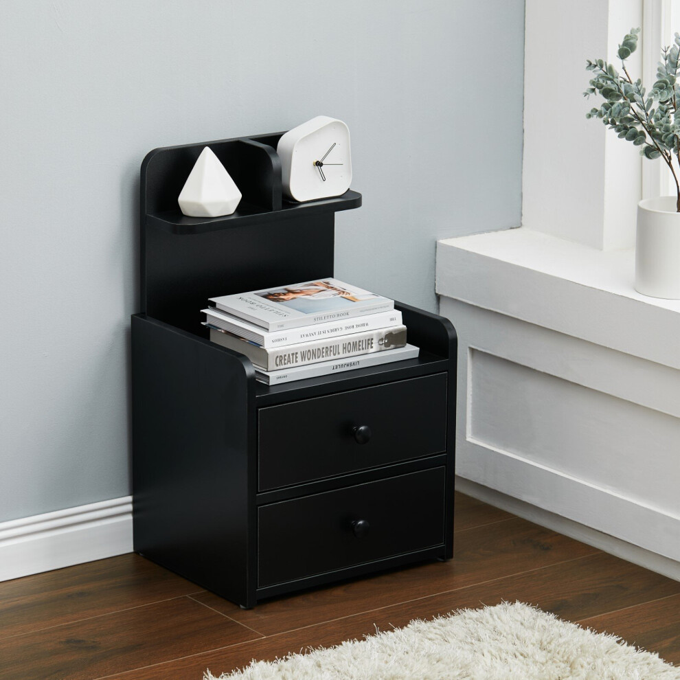 (Black, 2 Drawer) Bedside Table Drawer Cabinet Bedroom Storage Nightstand Shelf