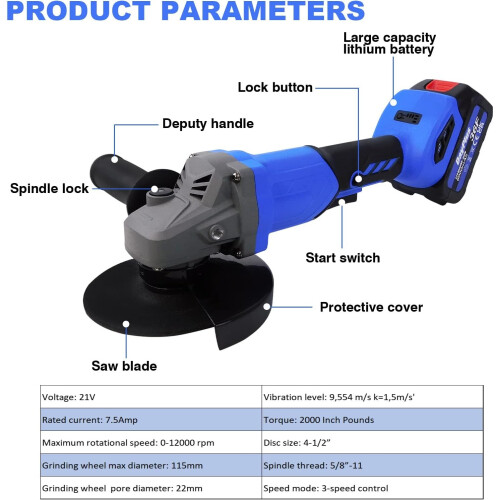 Brushless 4-1/2 Inch Angle Grinder Cordless Angle Grinder Tool with 6.0Ah Lithium-Ion Battery and Charger, 7.5-Amp 21V Electric Power Tools 1