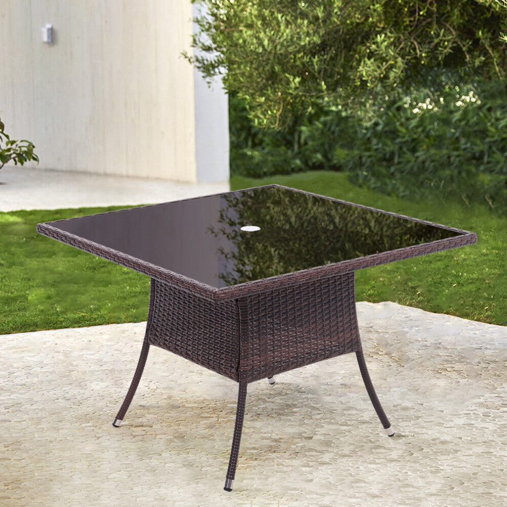 (Brown) Outdoor Patio Rattan Dining Table Garden Coffee Table Parasol Hole