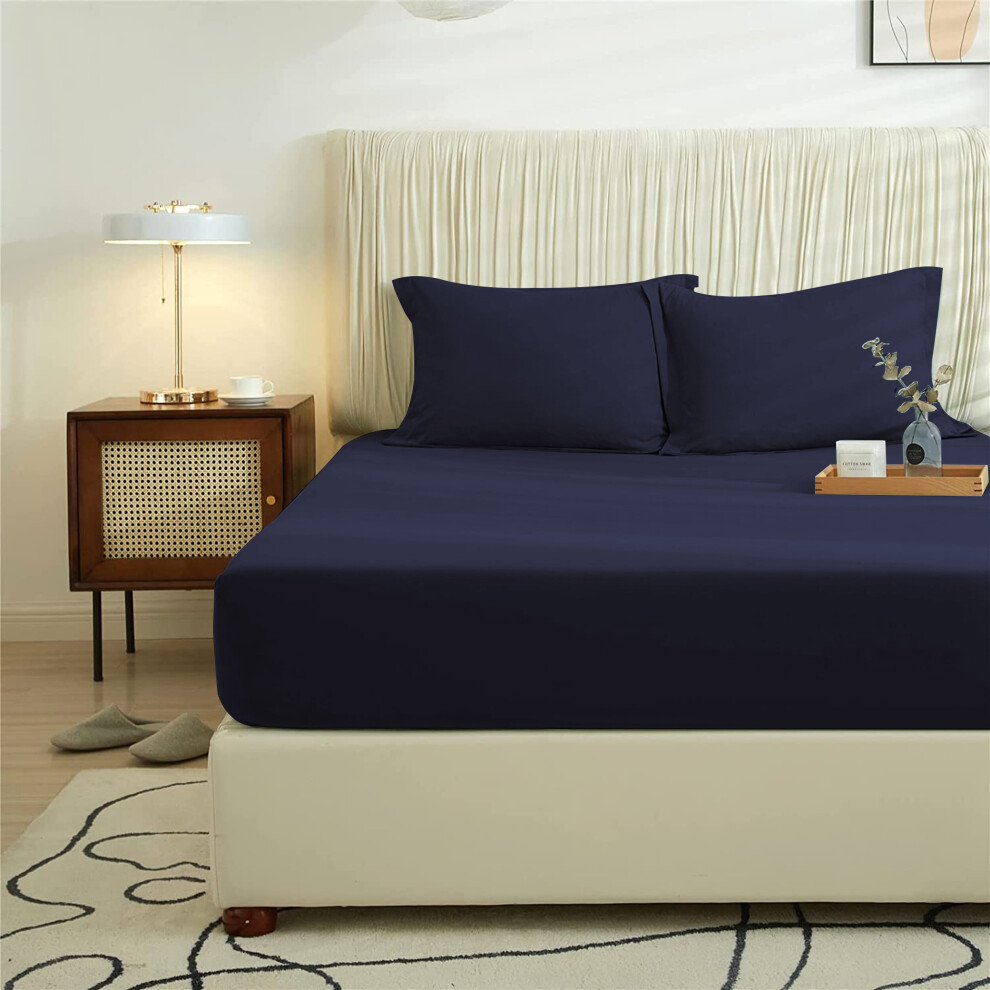 (Navy Blue) King Fitted Bed Sheet 25CM Deep Mattress Fitted Sheet