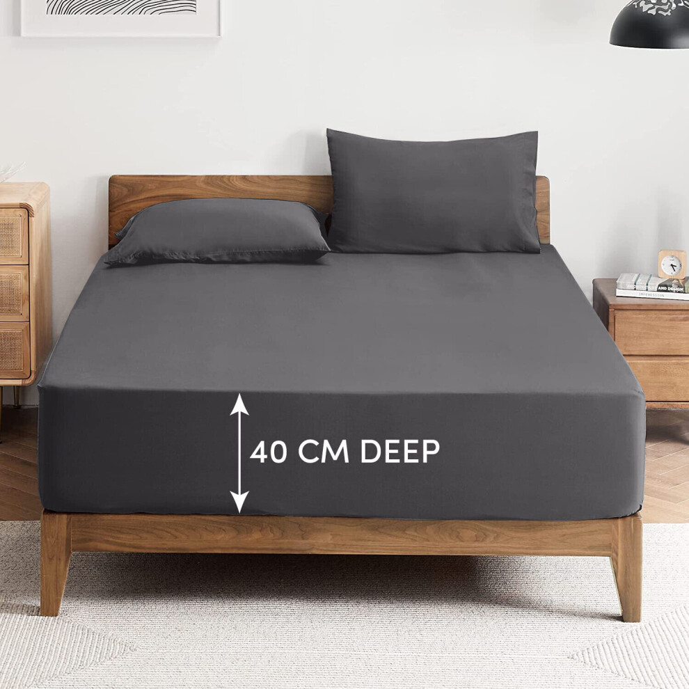 (Single Fitted Sheet (91 x 190 cm) ) Luxury Fitted Sheets 16" (40cm) Bed Sheet Charcoal
