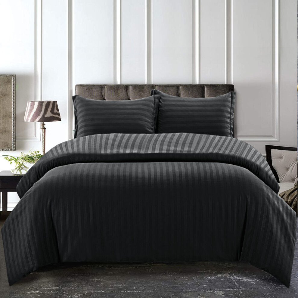 (Black, King: 230 X 220 CM) Stripe Duvet Quilt Cover Bedding Set Luxury Satin Stripe Duvet Sets