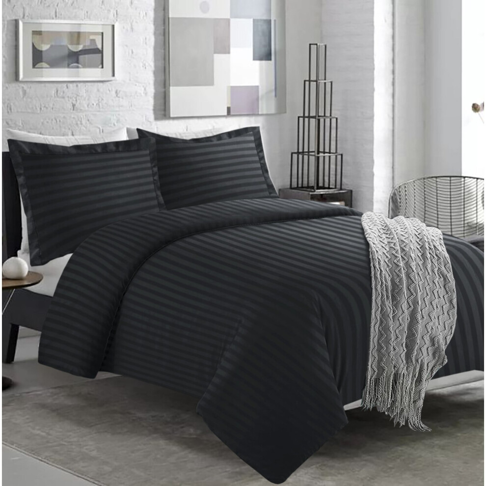 (Black, Double: 200 X 200 CM) Stripe Duvet Quilt Cover Bedding Set Luxury Satin Stripe Duvet Sets