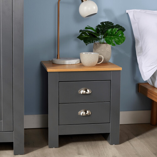Home Source Camden 2 Drawer Bedroom Bedside Table Storage Unit Graphite